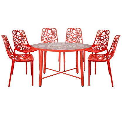 Devon 7-Piece Outdoor Dining Set: Aluminum Table with Glass Top & 6 Stackable Flower Chairs - Elax Furniture