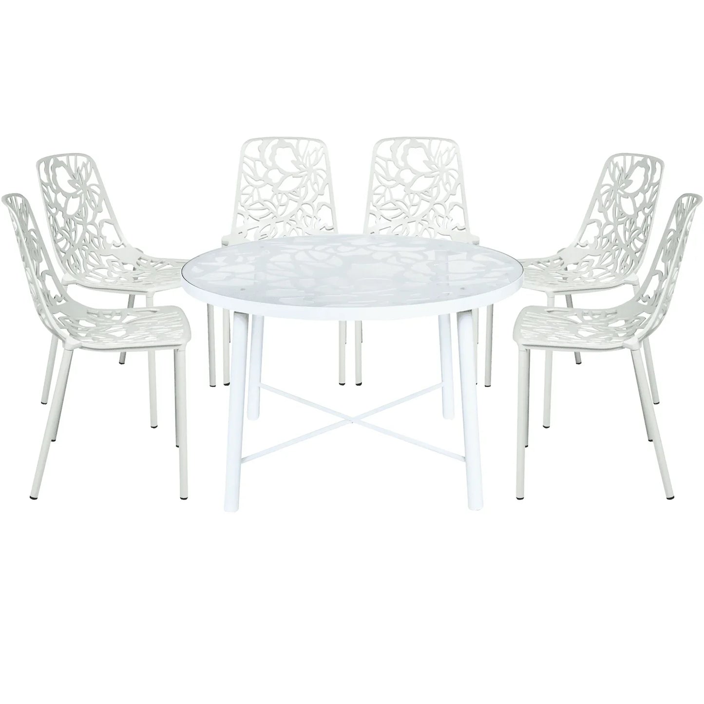 Devon 7-Piece Outdoor Dining Set: Aluminum Table with Glass Top & 6 Stackable Flower Chairs - Elax Furniture