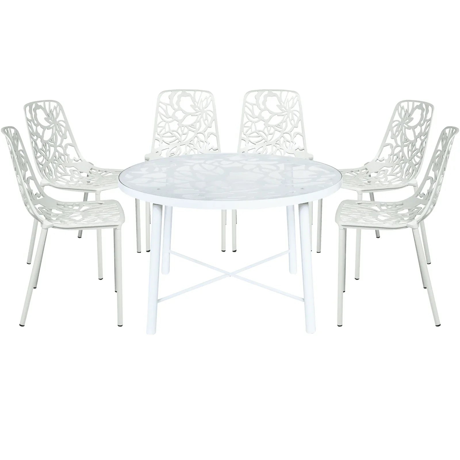 Devon 7-Piece Outdoor Dining Set: Aluminum Table with Glass Top & 6 Stackable Flower Chairs - Elax Furniture