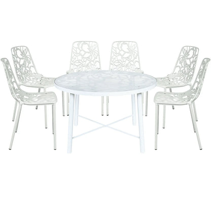 Devon 7-Piece Outdoor Dining Set: Aluminum Table with Glass Top & 6 Stackable Flower Chairs - Elax Furniture