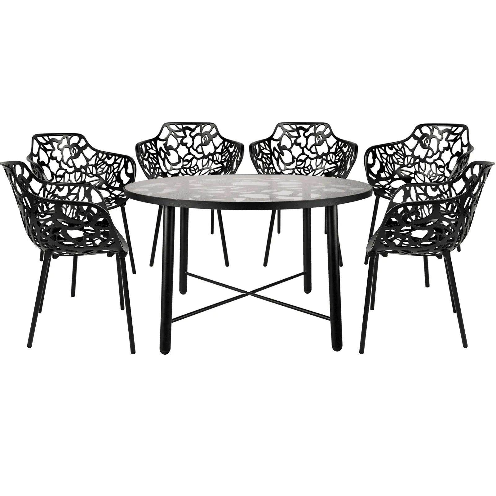 Devon 7-Piece Outdoor Dining Set: Aluminum Table with Glass Top & 6 Flower Armchairs - Elax Furniture