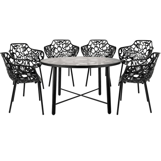 Devon 7-Piece Outdoor Dining Set: Aluminum Table with Glass Top & 6 Flower Armchairs - Elax Furniture