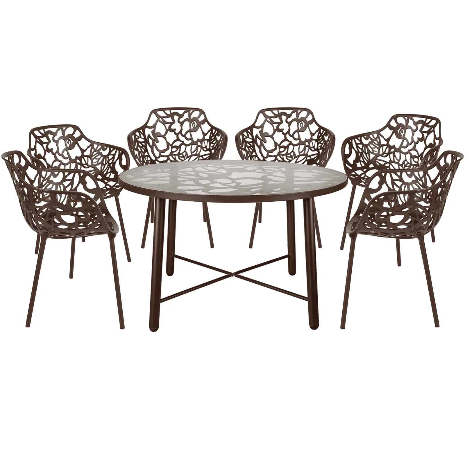 Devon 7-Piece Outdoor Dining Set: Aluminum Table with Glass Top & 6 Flower Armchairs - Elax Furniture