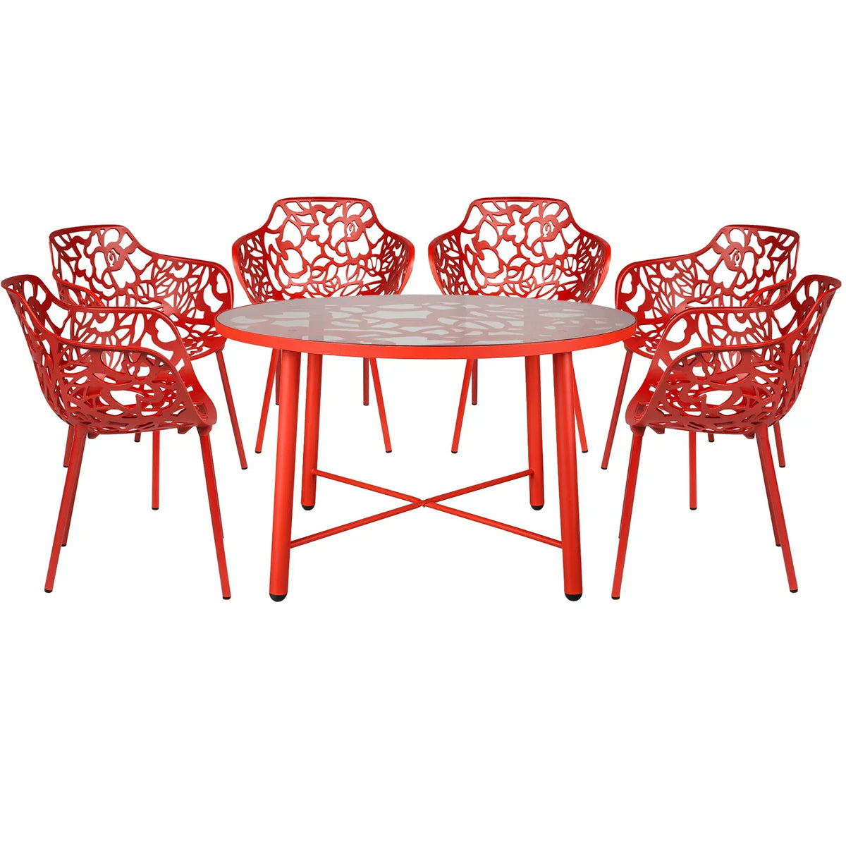 Devon 7-Piece Outdoor Dining Set: Aluminum Table with Glass Top & 6 Flower Armchairs - Elax Furniture