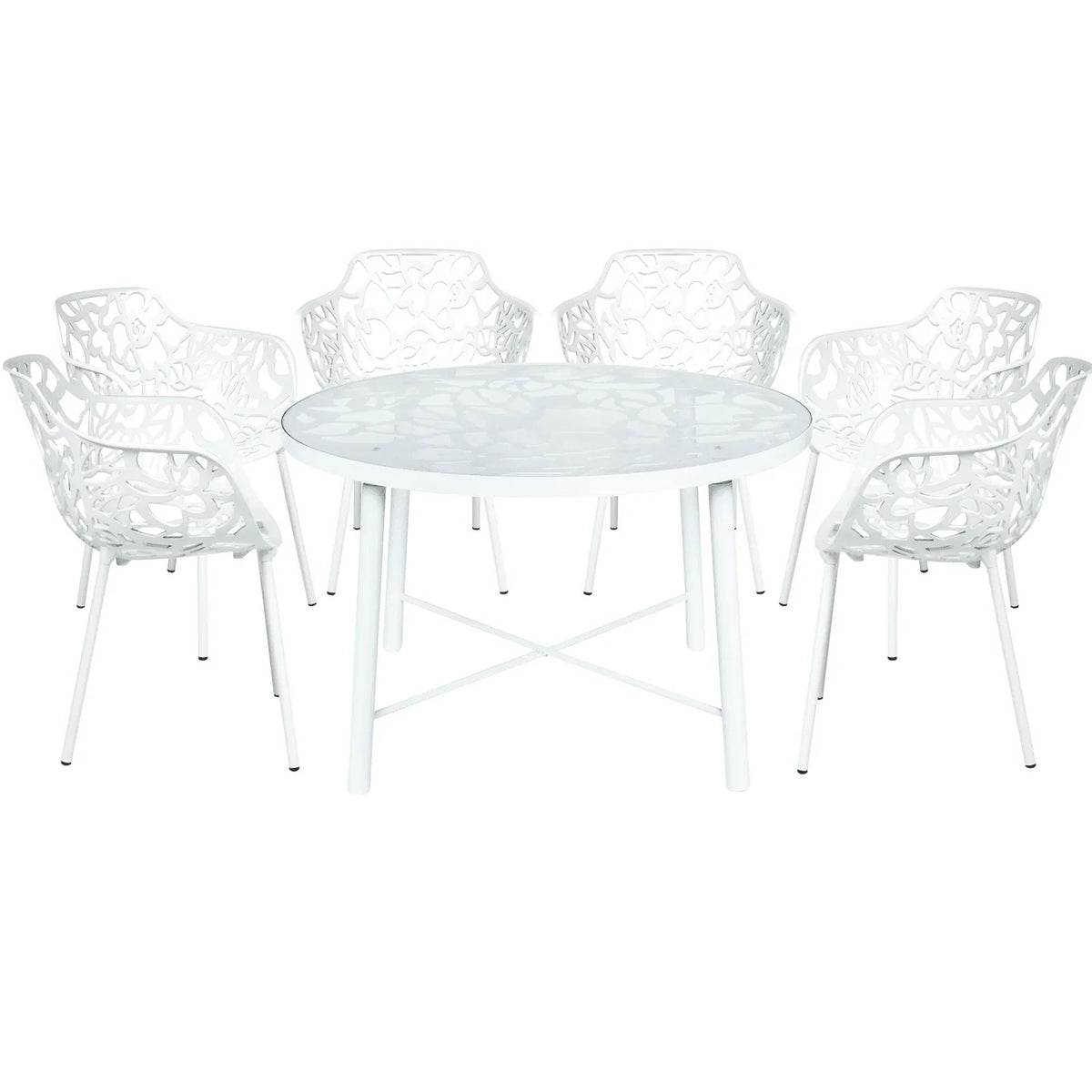 Devon 7-Piece Outdoor Dining Set: Aluminum Table with Glass Top & 6 Flower Armchairs - Elax Furniture