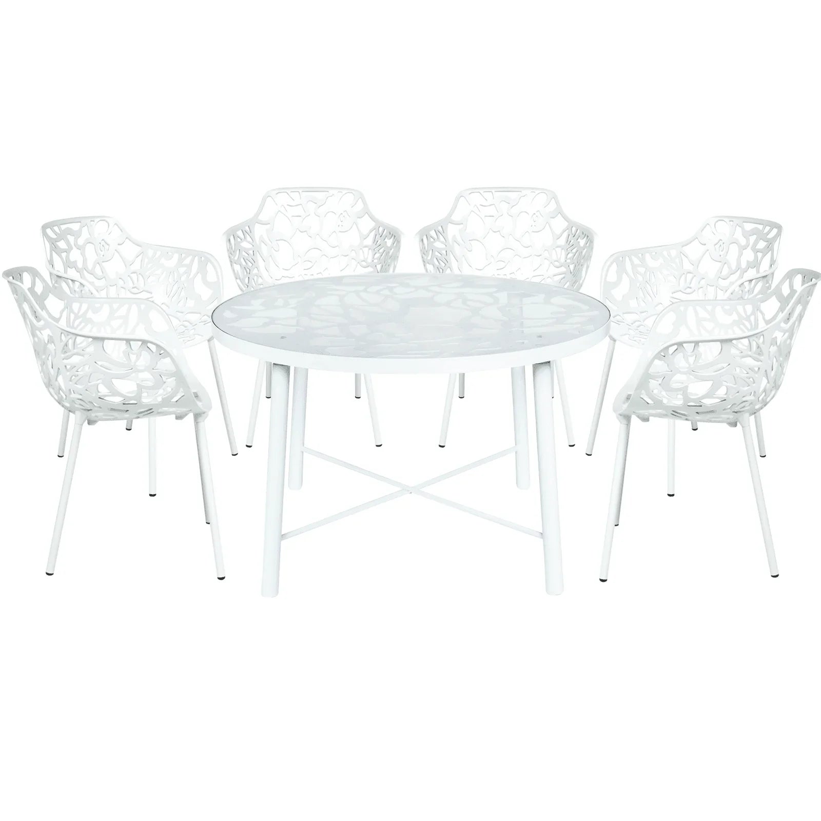 Devon 7-Piece Outdoor Dining Set: Aluminum Table with Glass Top & 6 Flower Armchairs - Elax Furniture