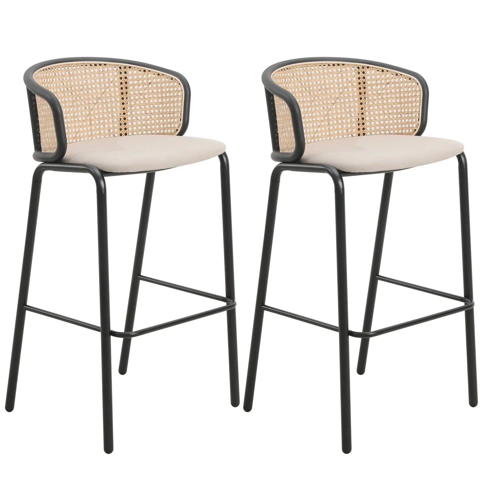 Ervilla Modern Wicker Bar Stool with Fabric Seat and Black Powder Coated Steel Frame, Set of 2 - Elax Furniture