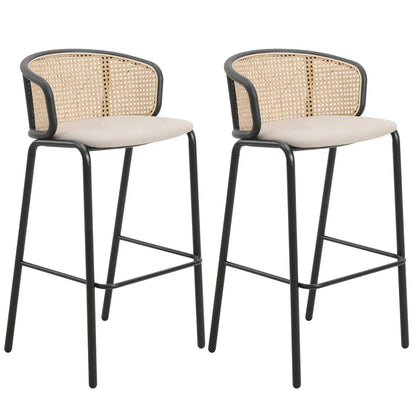 Ervilla Modern Wicker Bar Stool with Fabric Seat and Black Powder Coated Steel Frame, Set of 2 - Elax Furniture