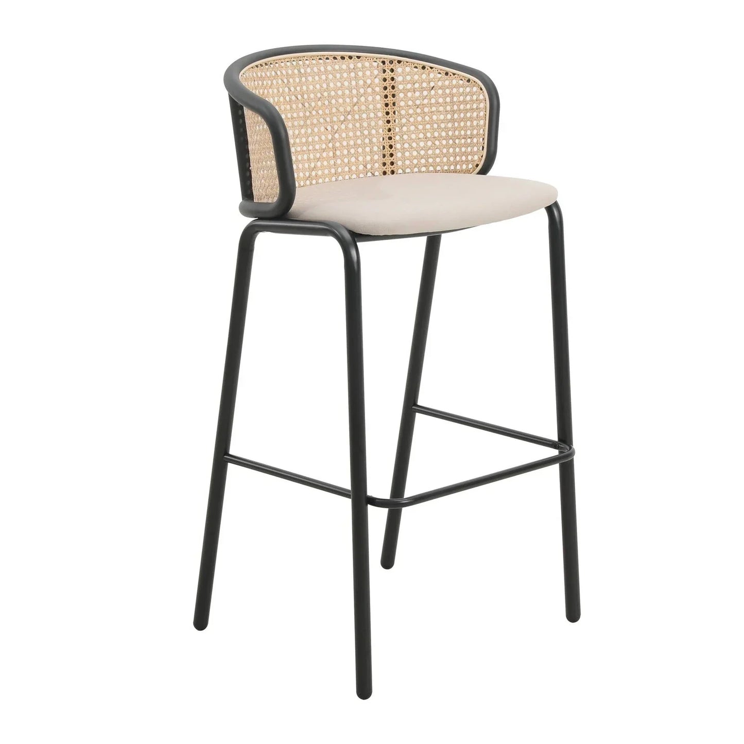 Ervilla Mid-Century Modern Wicker Bar Stool with Fabric Seat and Black Powder Coated Steel Frame - Elax Furniture