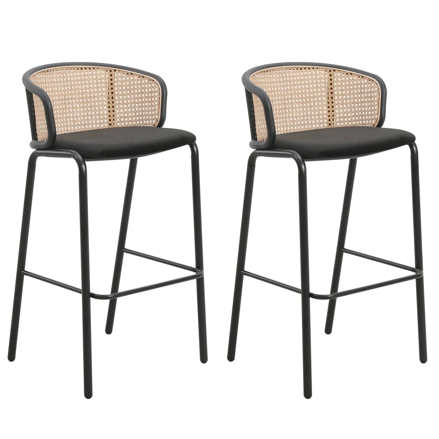 Ervilla Modern Wicker Bar Stool with Fabric Seat and Black Powder Coated Steel Frame, Set of 2 - Elax Furniture