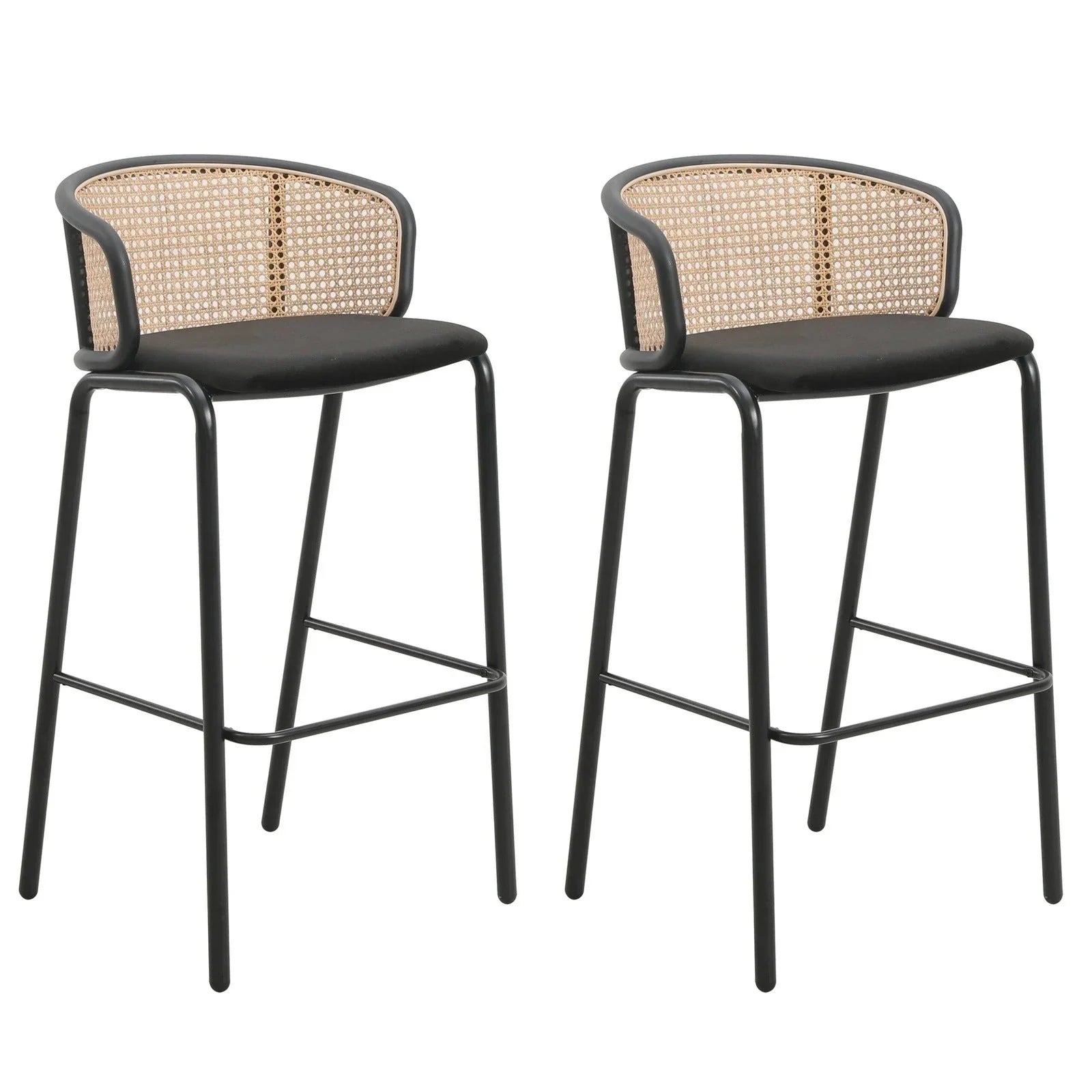 Ervilla Modern Wicker Bar Stool with Fabric Seat and Black Powder Coated Steel Frame, Set of 2 - Elax Furniture