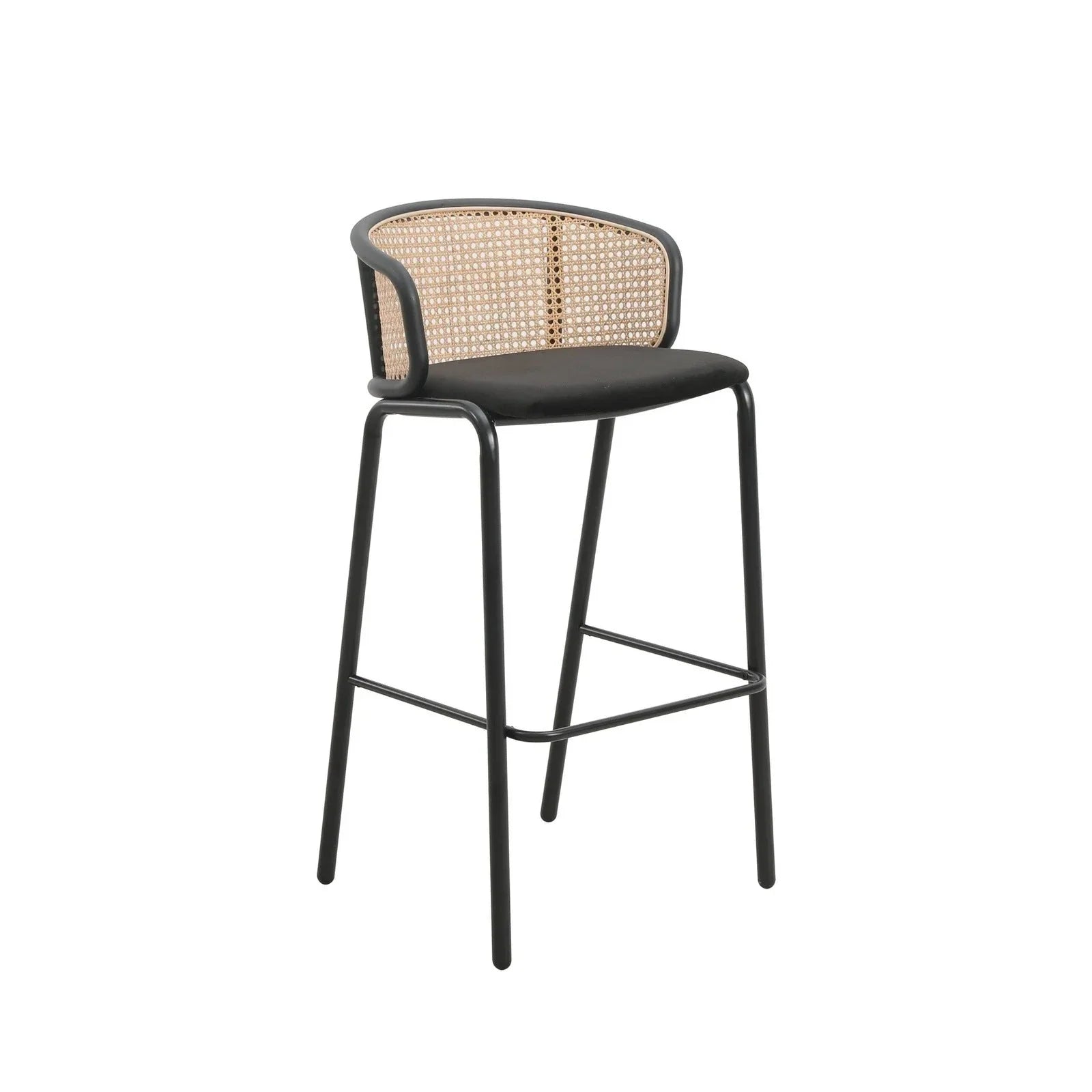 Ervilla Mid-Century Modern Wicker Bar Stool with Fabric Seat and Black Powder Coated Steel Frame - Elax Furniture