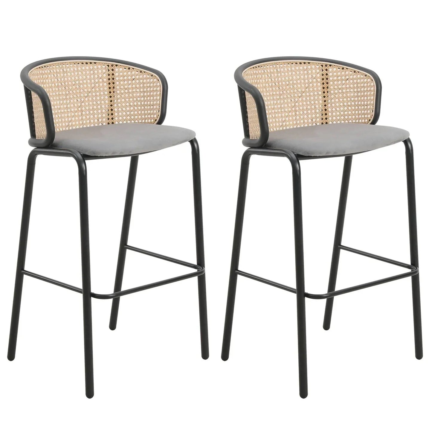 Ervilla Modern Wicker Bar Stool with Fabric Seat and Black Powder Coated Steel Frame, Set of 2 - Elax Furniture