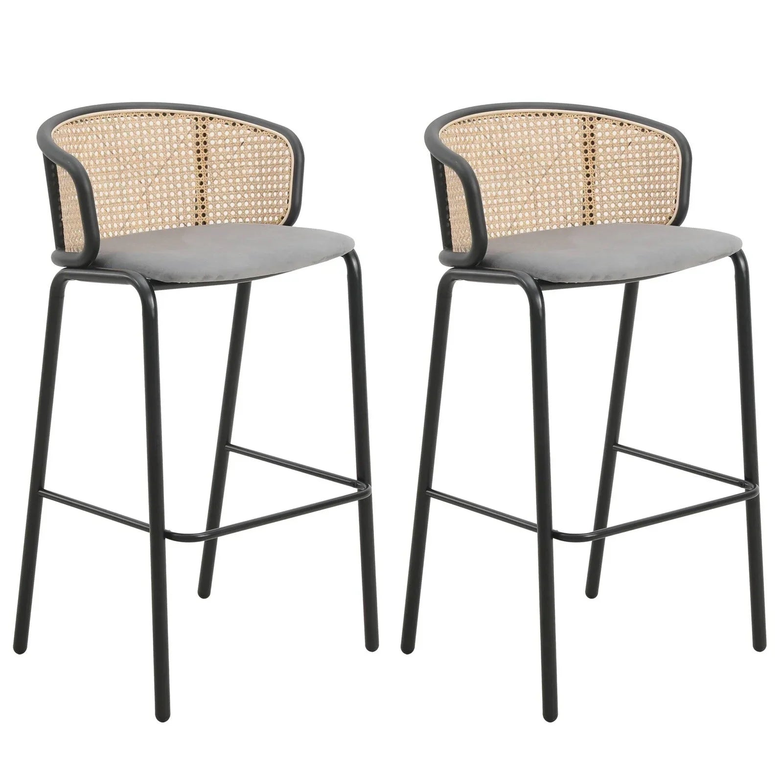 Ervilla Modern Wicker Bar Stool with Fabric Seat and Black Powder Coated Steel Frame, Set of 2 - Elax Furniture