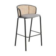 Ervilla Mid-Century Modern Wicker Bar Stool with Fabric Seat and Black Powder Coated Steel Frame - Elax Furniture