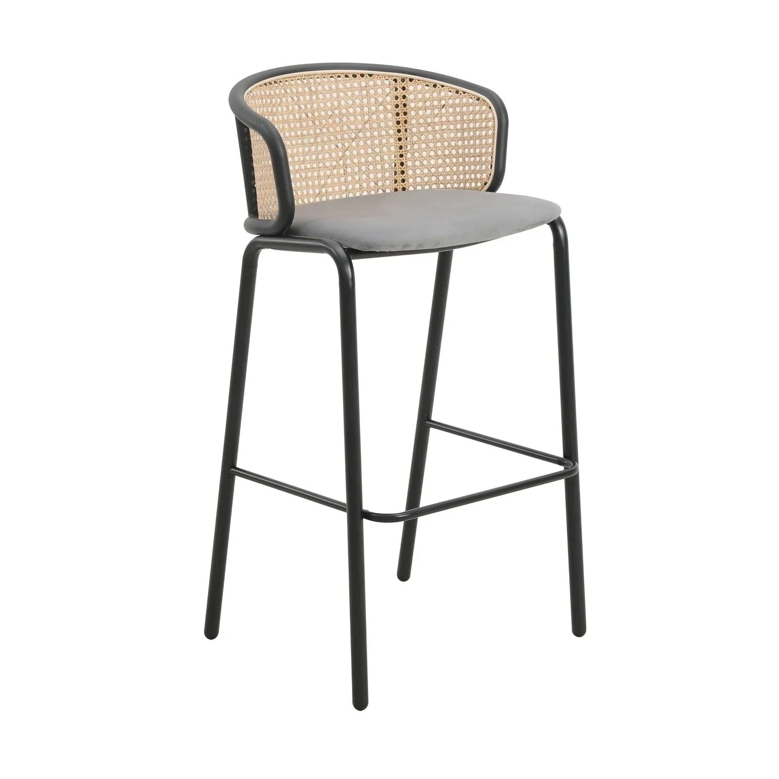 Ervilla Mid-Century Modern Wicker Bar Stool with Fabric Seat and Black Powder Coated Steel Frame - Elax Furniture