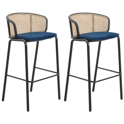 Ervilla Modern Wicker Bar Stool with Fabric Seat and Black Powder Coated Steel Frame, Set of 2 - Elax Furniture