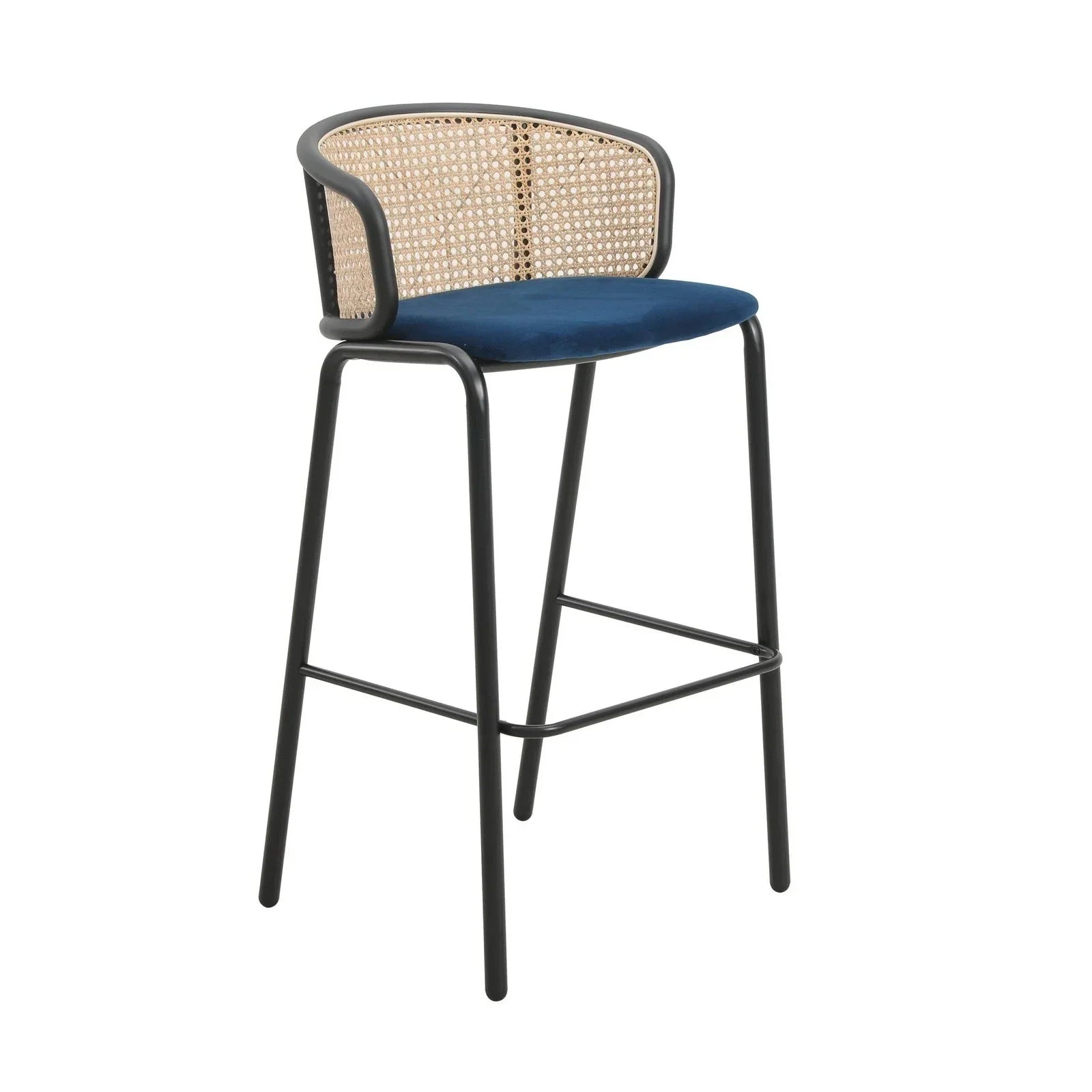 Ervilla Mid-Century Modern Wicker Bar Stool with Fabric Seat and Black Powder Coated Steel Frame - Elax Furniture