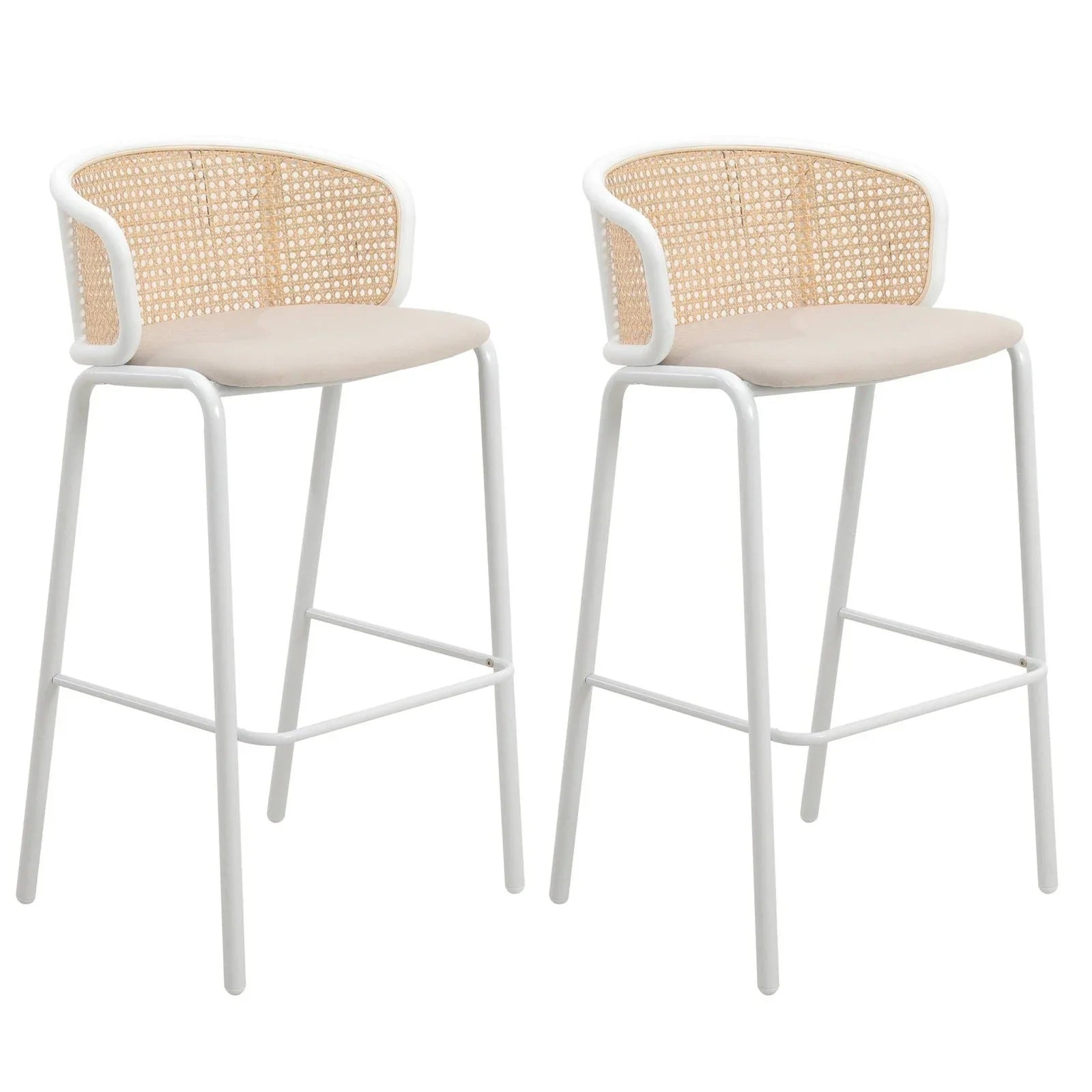 Ervilla Modern Wicker Bar Stool with Fabric Seat and White Powder Coated Steel Frame, Set of 2 - Elax Furniture