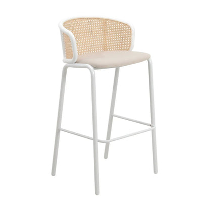 Ervilla Modern Wicker Bar Stool with Fabric Seat and White Powder Coated Steel Frame - Elax Furniture
