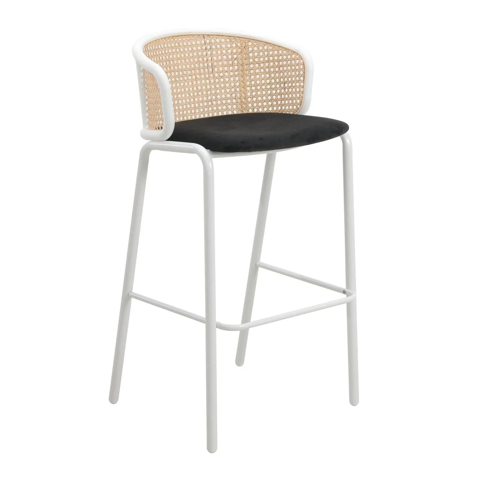 Ervilla Modern Wicker Bar Stool with Fabric Seat and White Powder Coated Steel Frame - Elax Furniture