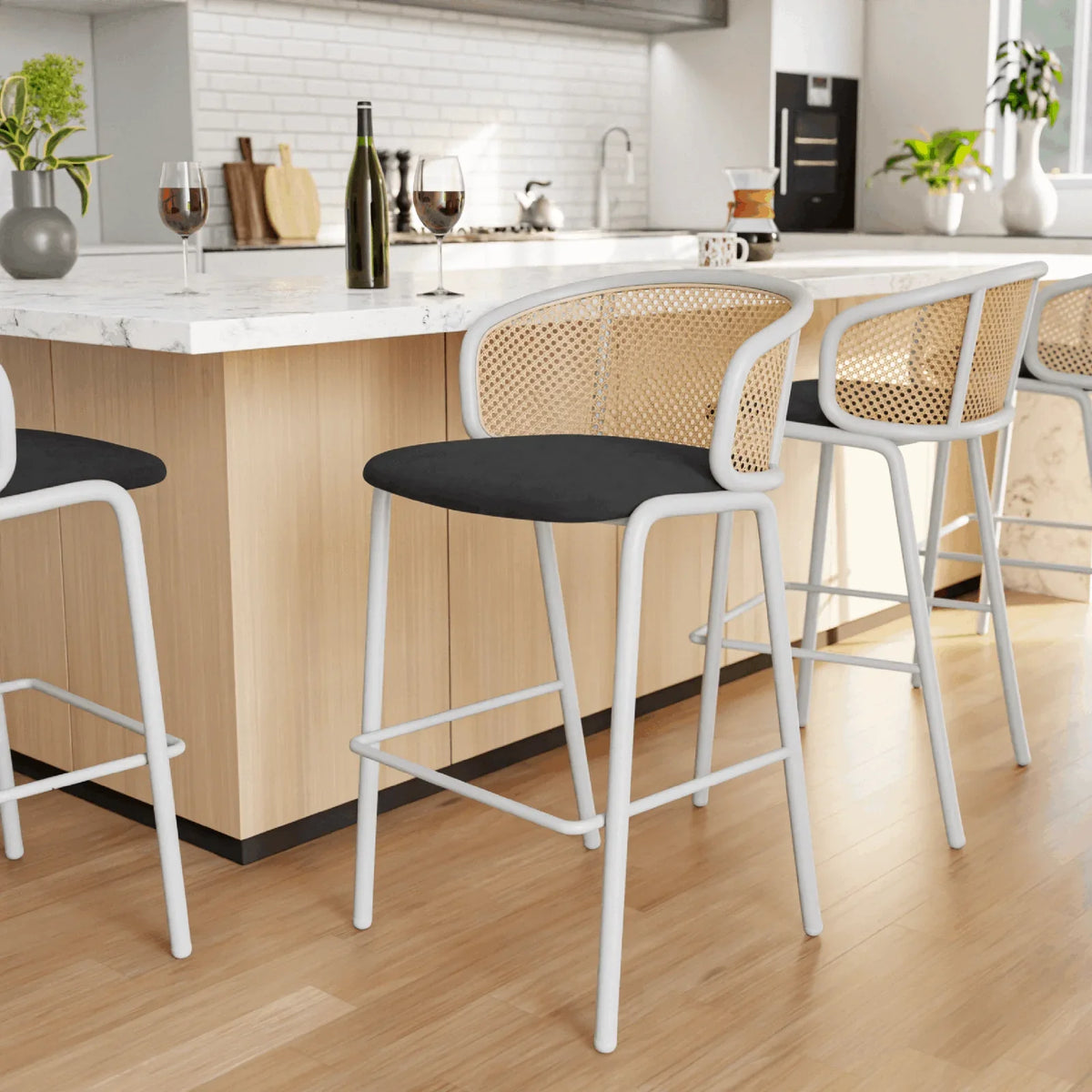 Ervilla Modern Wicker Bar Stool with Fabric Seat and White Powder Coated Steel Frame - Elax Furniture