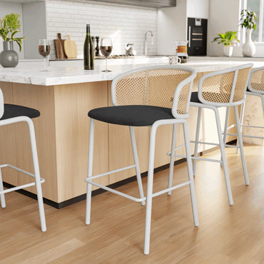 Ervilla Modern Wicker Bar Stool with Fabric Seat and White Powder Coated Steel Frame - Elax Furniture