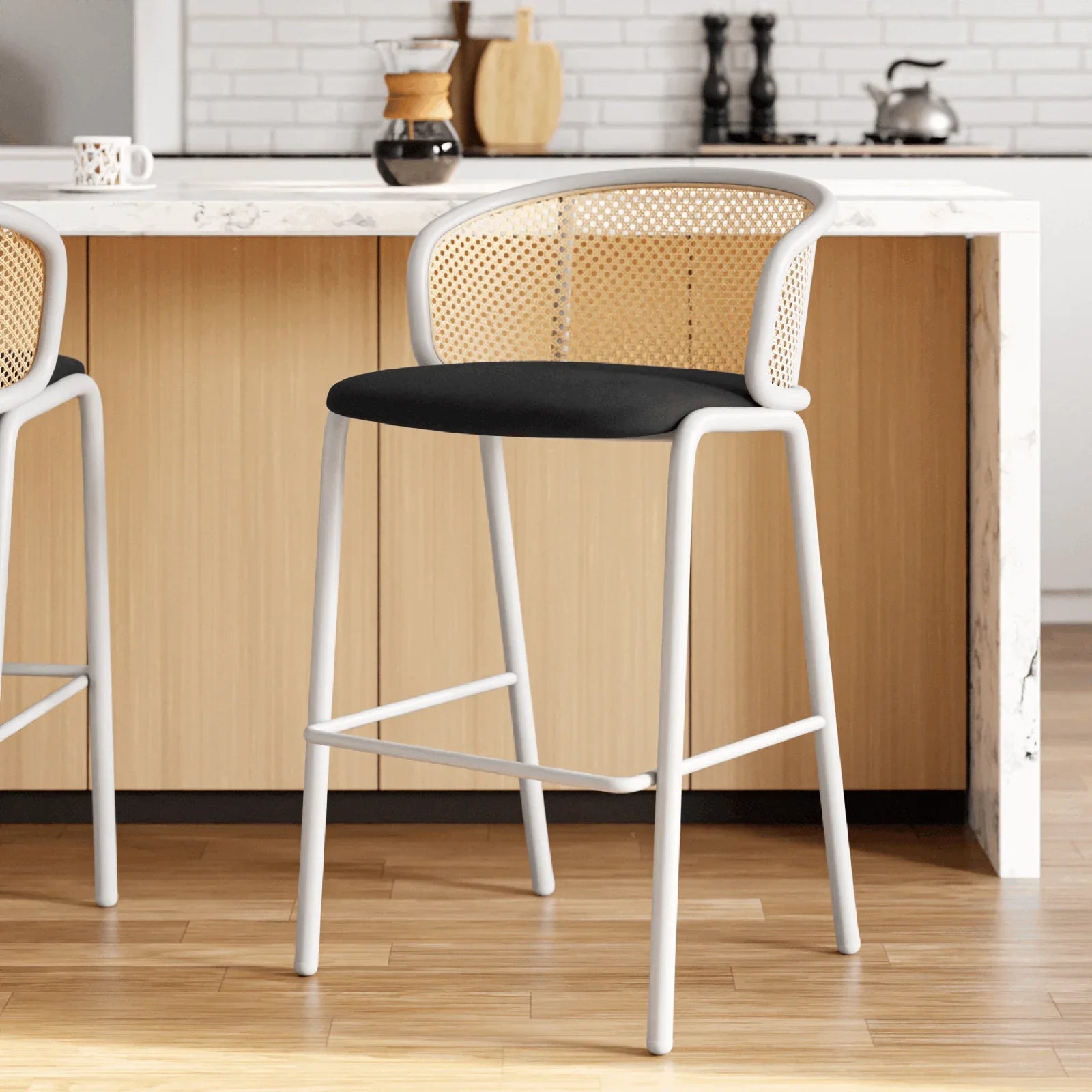Ervilla Modern Wicker Bar Stool with Fabric Seat and White Powder Coated Steel Frame - Elax Furniture