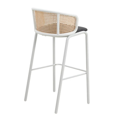 Ervilla Modern Wicker Bar Stool with Fabric Seat and White Powder Coated Steel Frame - Elax Furniture