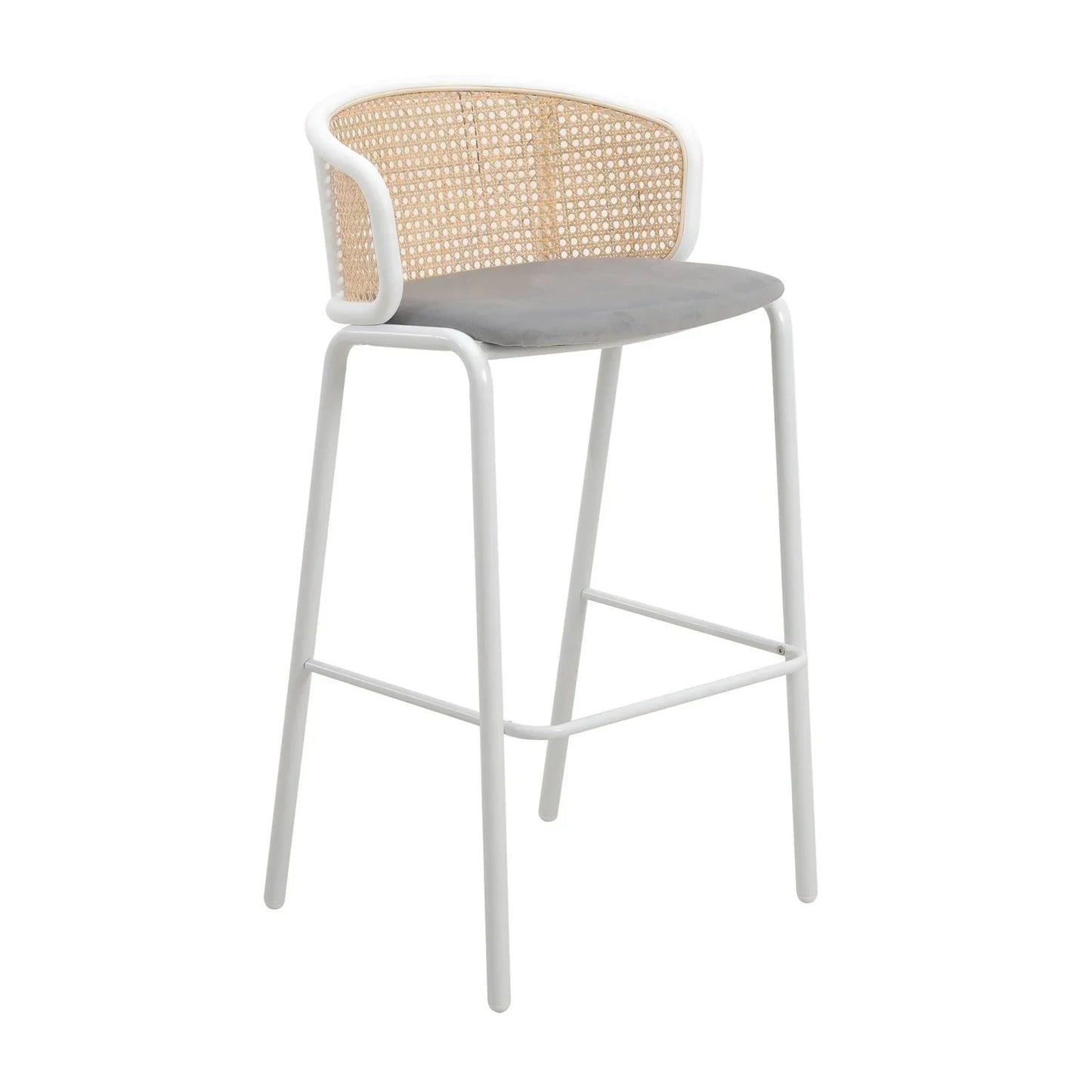 Ervilla Modern Wicker Bar Stool with Fabric Seat and White Powder Coated Steel Frame - Elax Furniture
