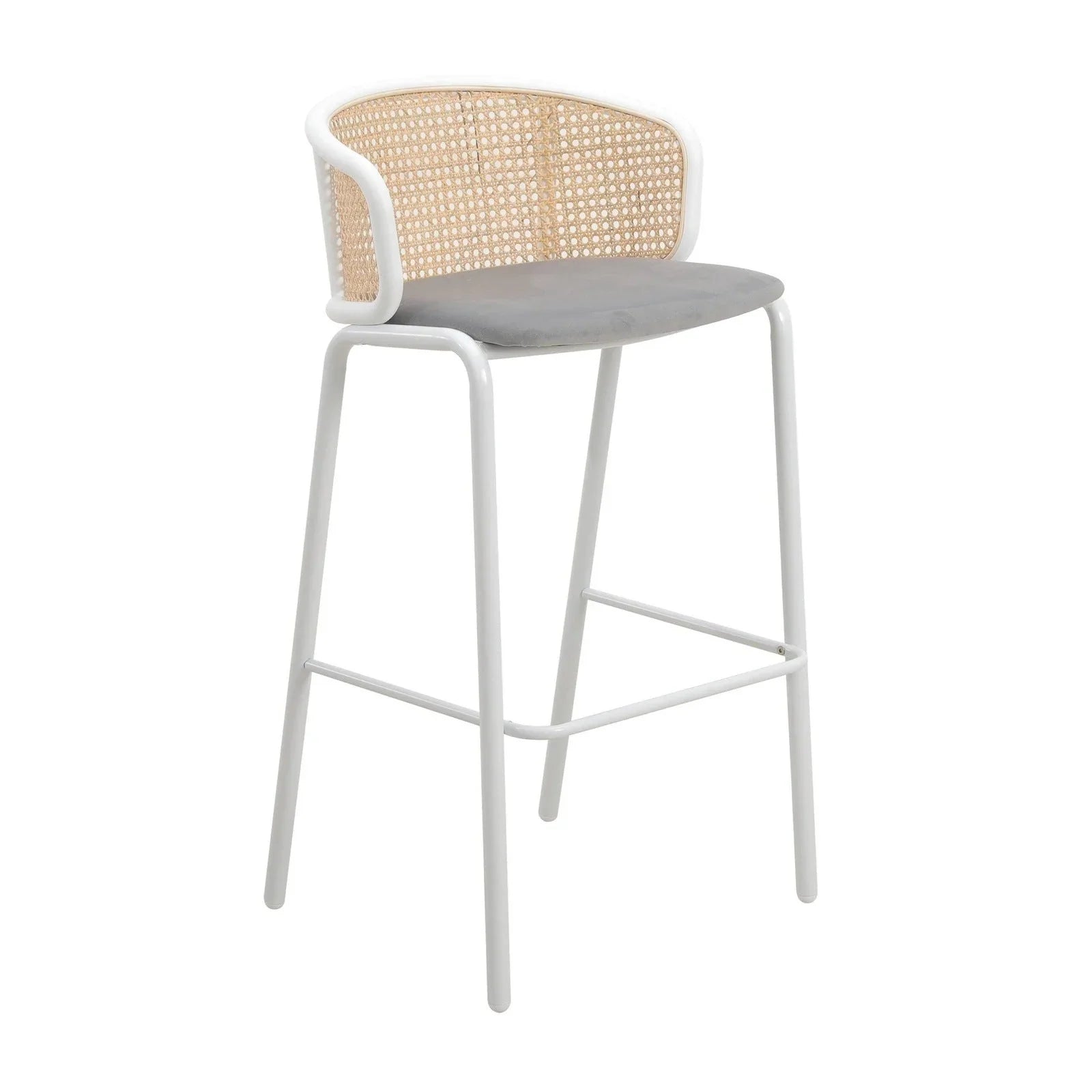 Ervilla Modern Wicker Bar Stool with Fabric Seat and White Powder Coated Steel Frame - Elax Furniture