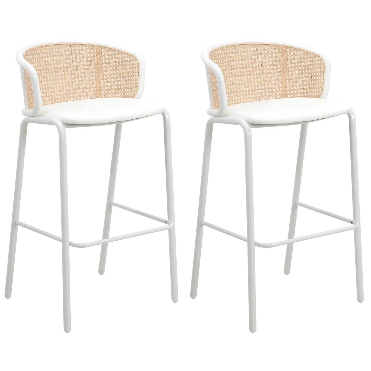 Ervilla Modern Wicker Bar Stool with Fabric Seat and White Powder Coated Steel Frame, Set of 2 - Elax Furniture