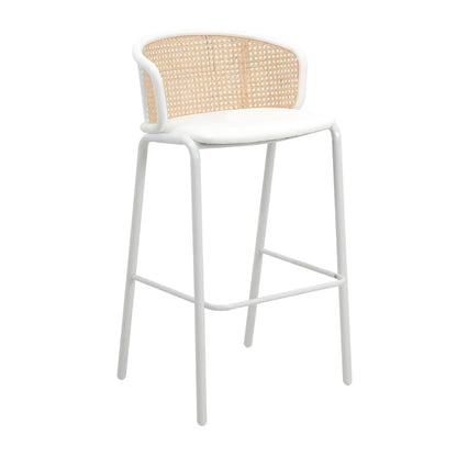 Ervilla Modern Wicker Bar Stool with Fabric Seat and White Powder Coated Steel Frame - Elax Furniture