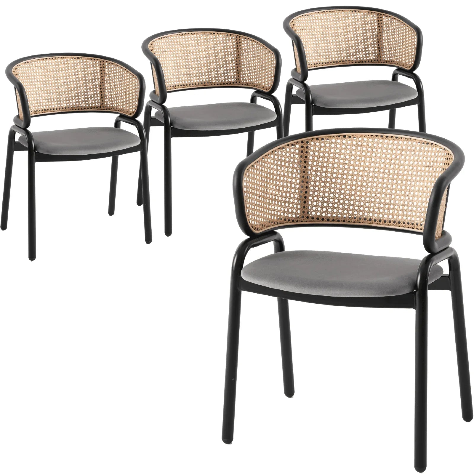 Ervilla Mid Century Modern Dining Chair With Stainless Steel Legs Velvet Seat and Wicker Back, Set of 4 - Elax Furniture