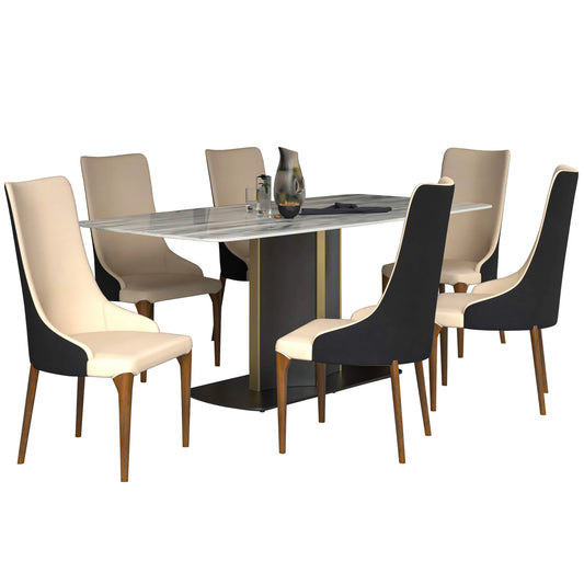 Sylvia 7-Piece Dining Set with Rectangular Sintered Stone Top Table and 6 Upholstered Dining Chairs with Ash Wood Base - Elax Furniture