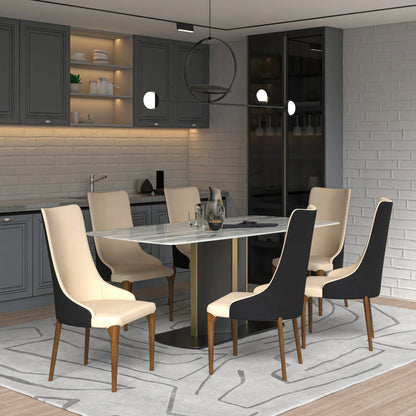 Sylvia 7-Piece Dining Set with Rectangular Sintered Stone Top Table and 6 Upholstered Dining Chairs with Ash Wood Base - Elax Furniture