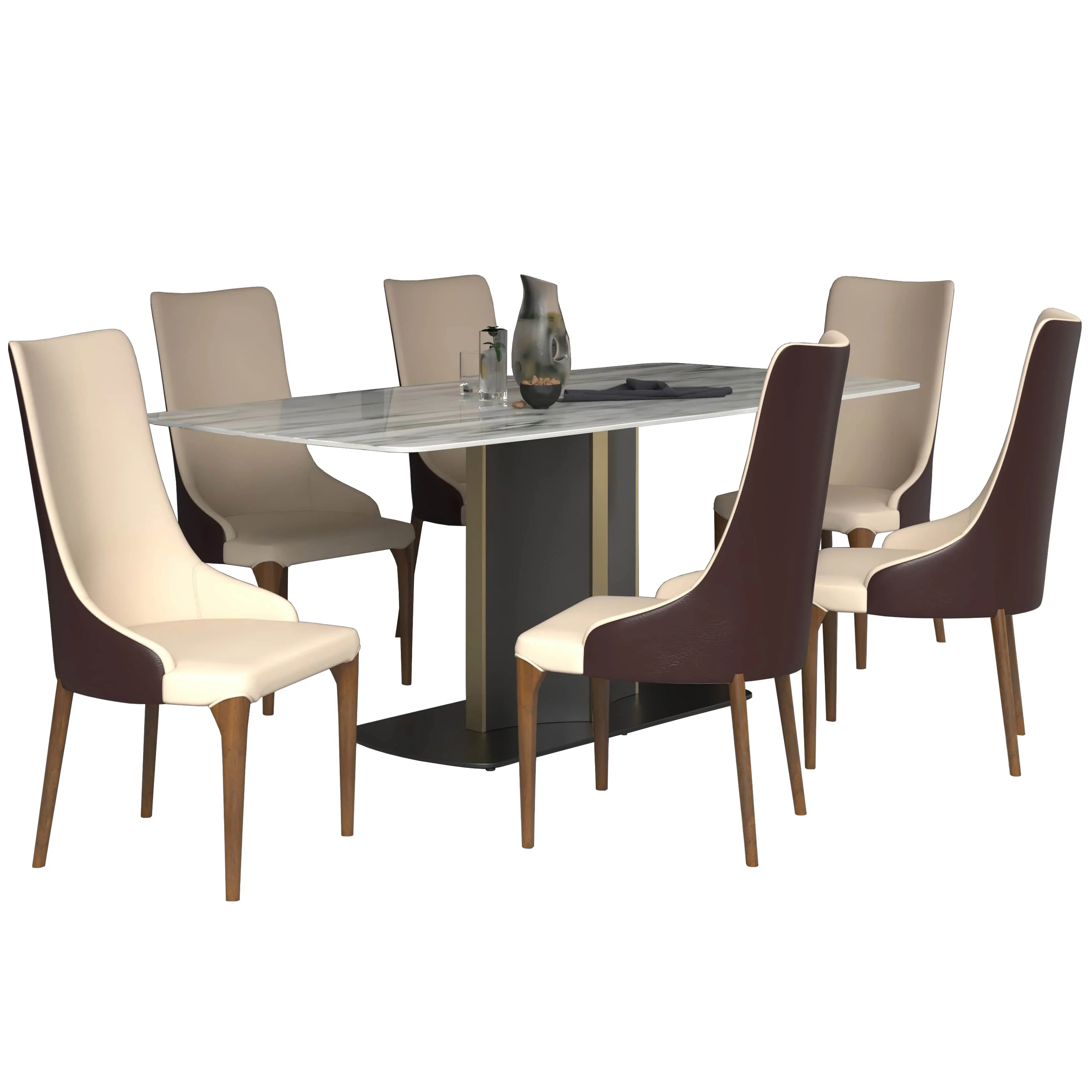 Sylvia 7-Piece Dining Set with Rectangular Sintered Stone Top Table and 6 Upholstered Dining Chairs with Ash Wood Base - Elax Furniture