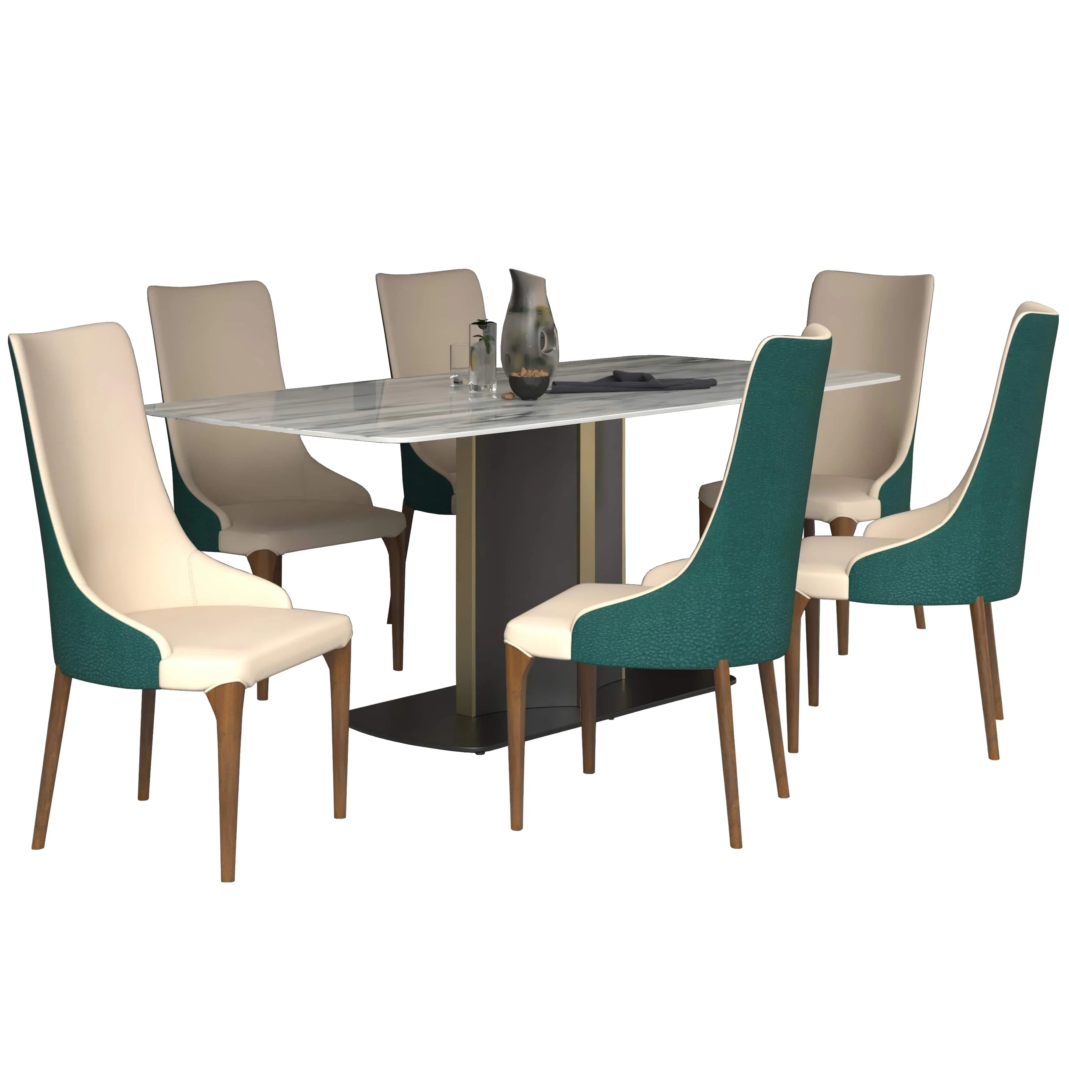 Sylvia 7-Piece Dining Set with Rectangular Sintered Stone Top Table and 6 Upholstered Dining Chairs with Ash Wood Base - Elax Furniture
