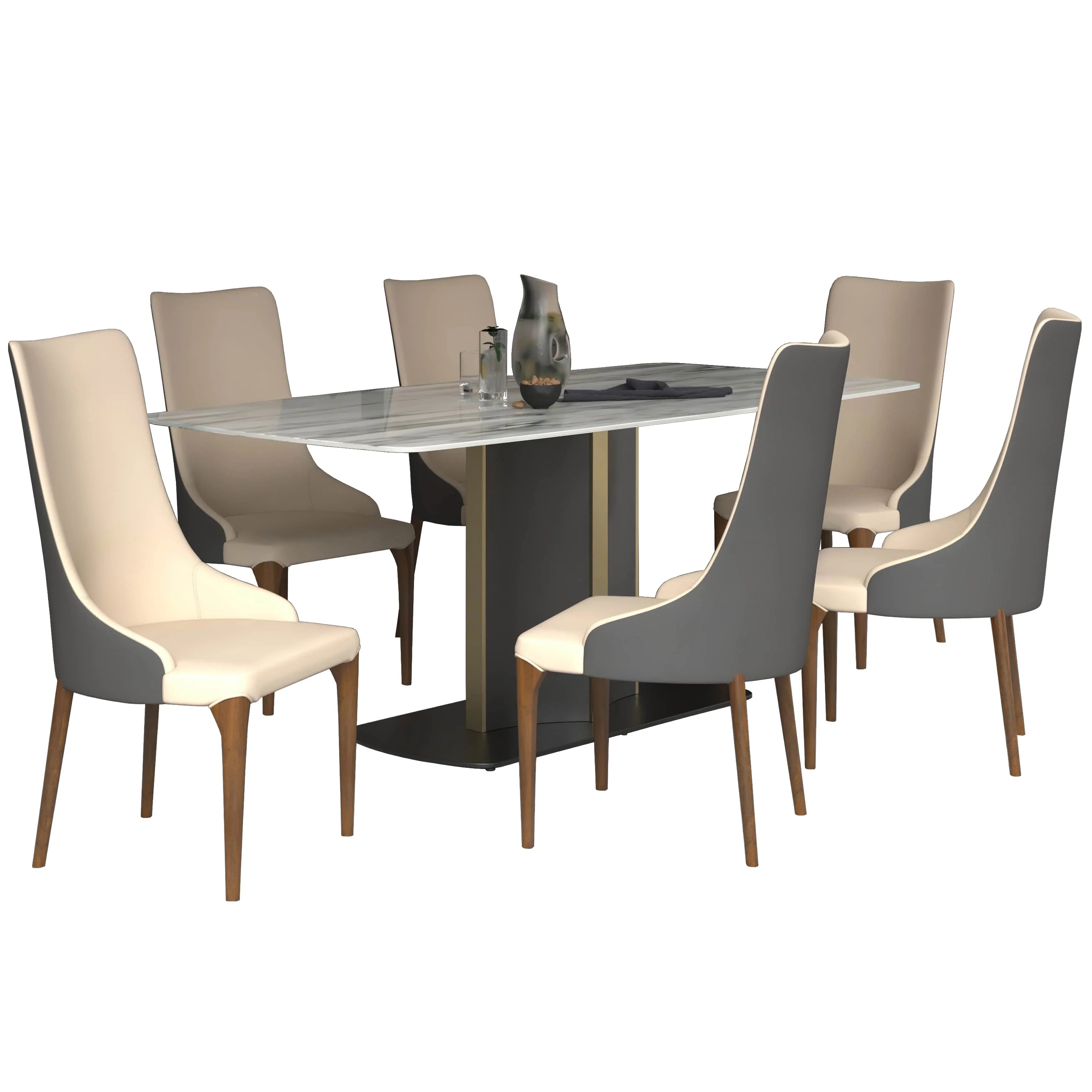 Sylvia 7-Piece Dining Set with Rectangular Sintered Stone Top Table and 6 Upholstered Dining Chairs with Ash Wood Base - Elax Furniture