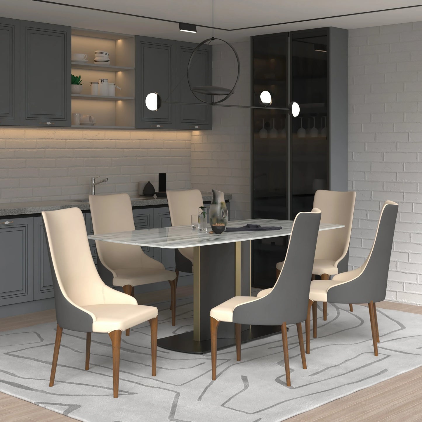 Sylvia 7-Piece Dining Set with Rectangular Sintered Stone Top Table and 6 Upholstered Dining Chairs with Ash Wood Base - Elax Furniture