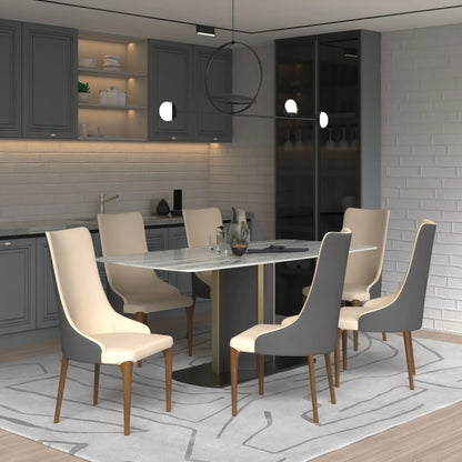 Sylvia 7-Piece Dining Set with Rectangular Sintered Stone Top Table and 6 Upholstered Dining Chairs with Ash Wood Base - Elax Furniture