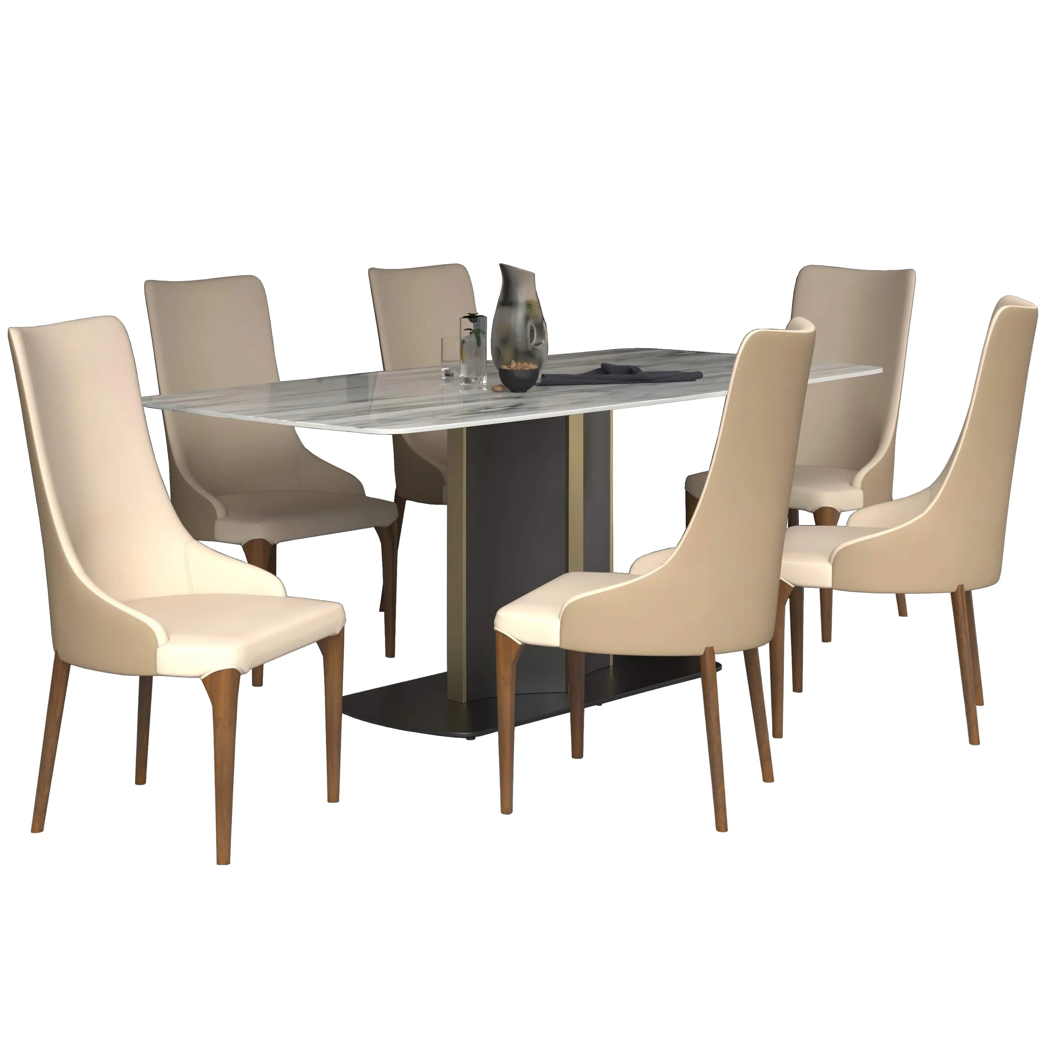 Sylvia 7-Piece Dining Set with Rectangular Sintered Stone Top Table and 6 Upholstered Dining Chairs with Ash Wood Base - Elax Furniture