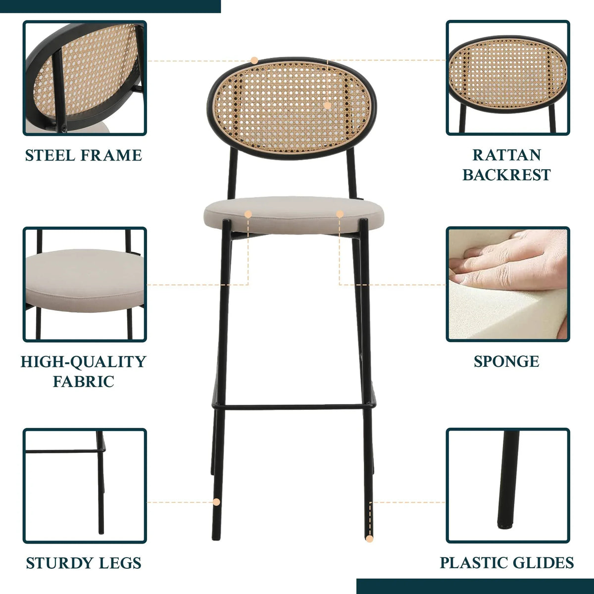 Euston Wicker Bar Stool with Black Powder Coated Steel Frame and Footrest - Elax Furniture