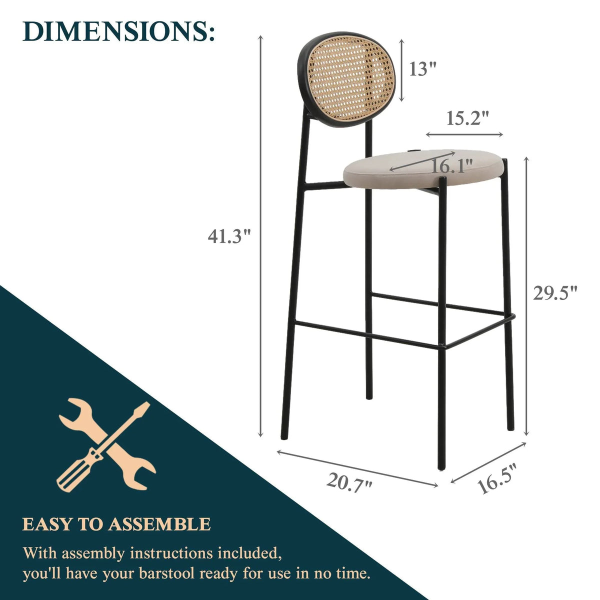 Euston Wicker Bar Stool with Black Powder Coated Steel Frame and Footrest - Elax Furniture