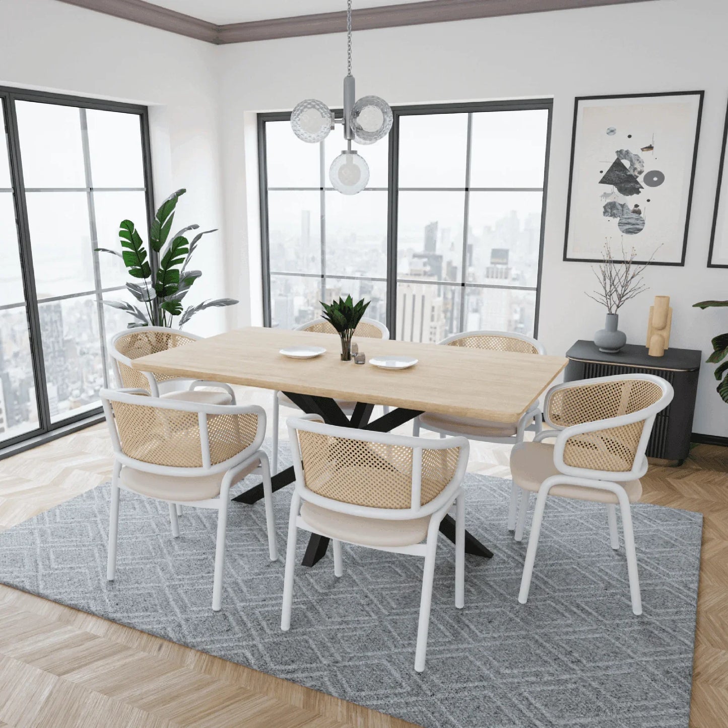 Ervilla Modern Dining Armchair with White Powder Coated Steel Legs and Wicker Back Set of 4 - Elax Furniture