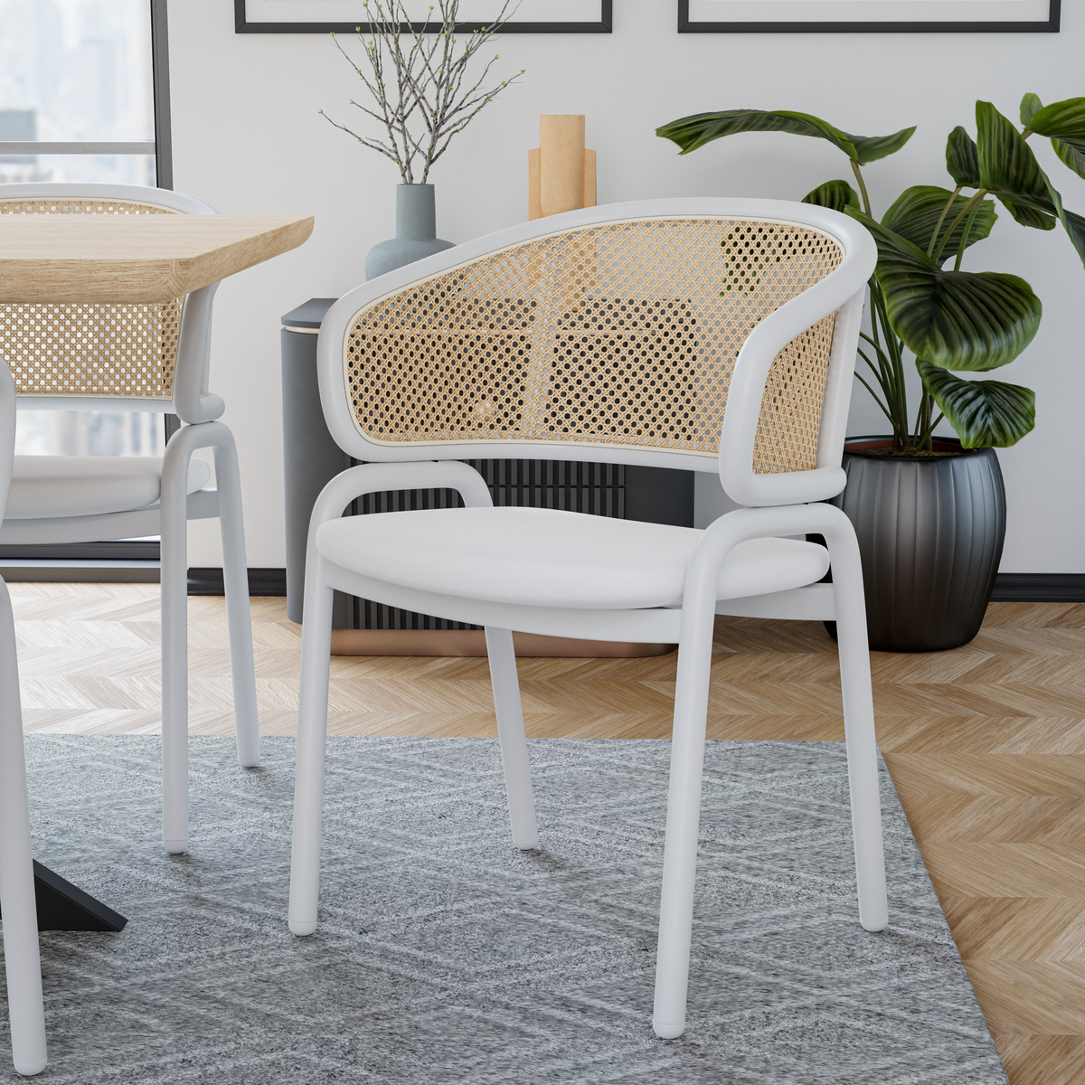 Ervilla Velvet Dining Armchair with Steel Legs and Wicker Back White Brown White Dining Chair Leisuremod