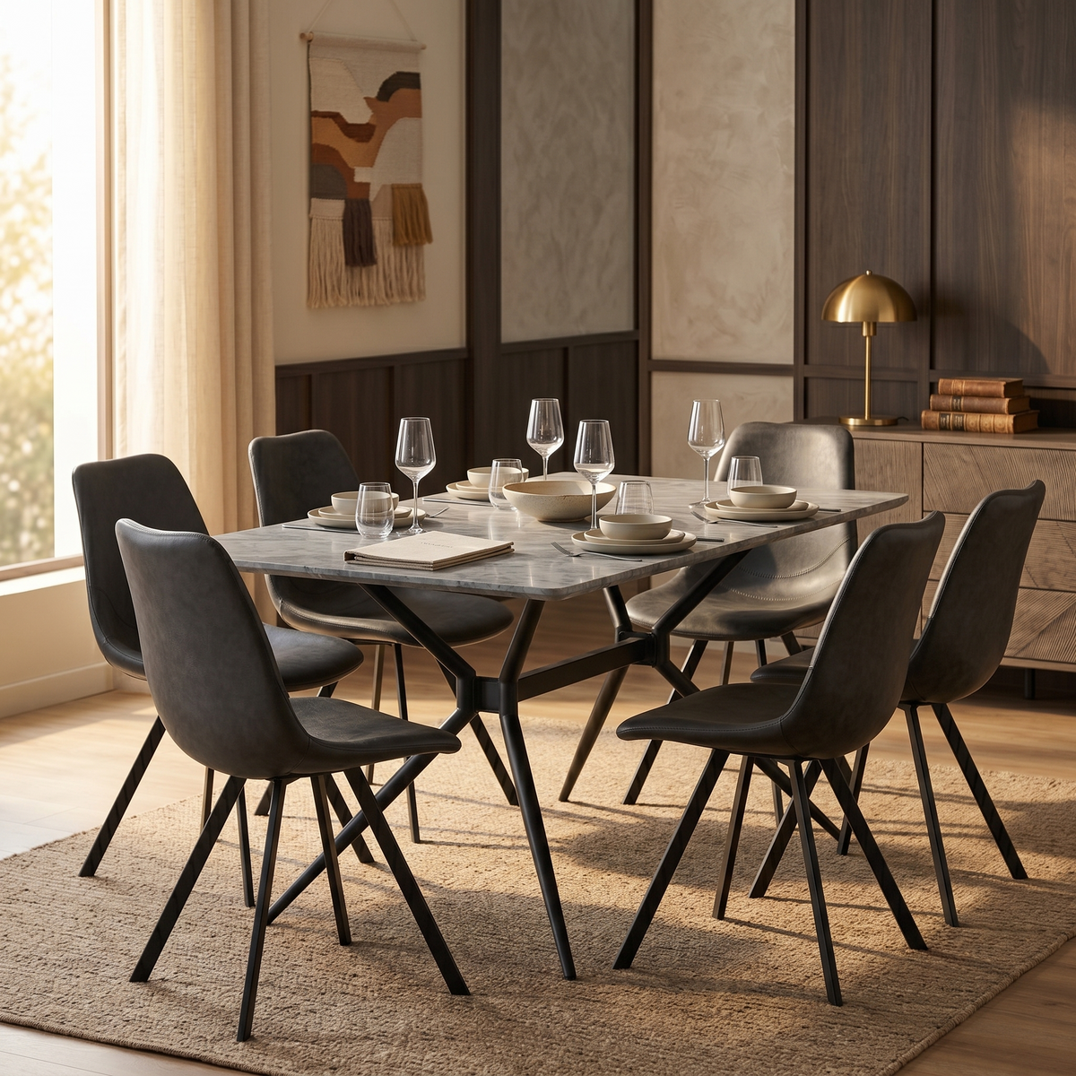 Elega Rectangular Dining Table with Sintered Stone Top and Black Steel Base