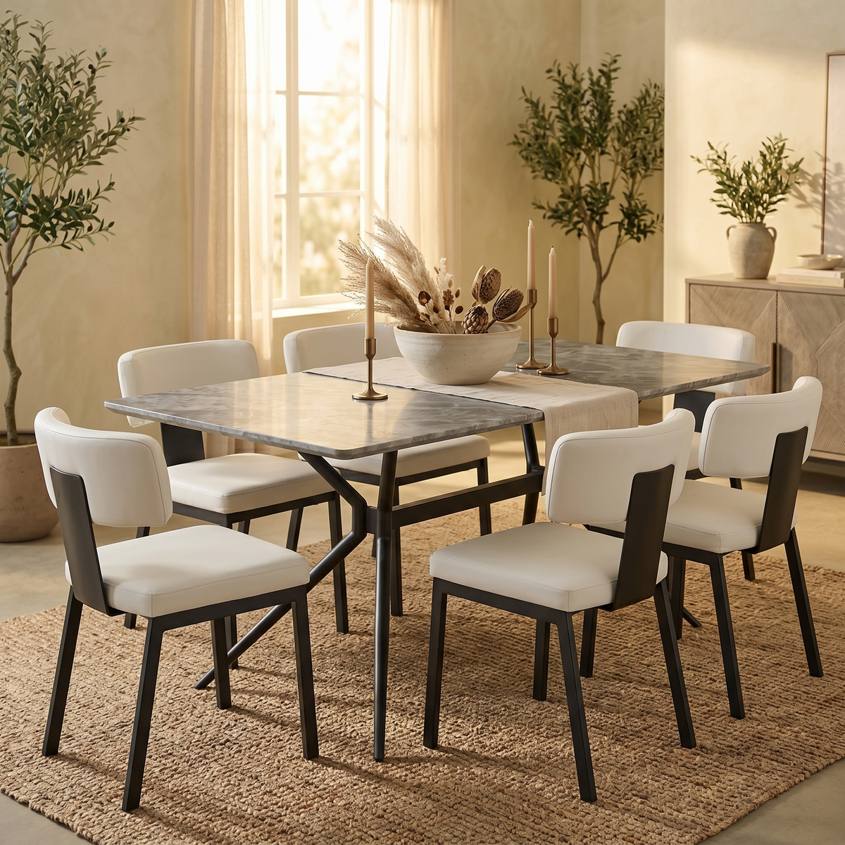 Elega Rectangular Dining Table with Sintered Stone Top and Black Steel Base