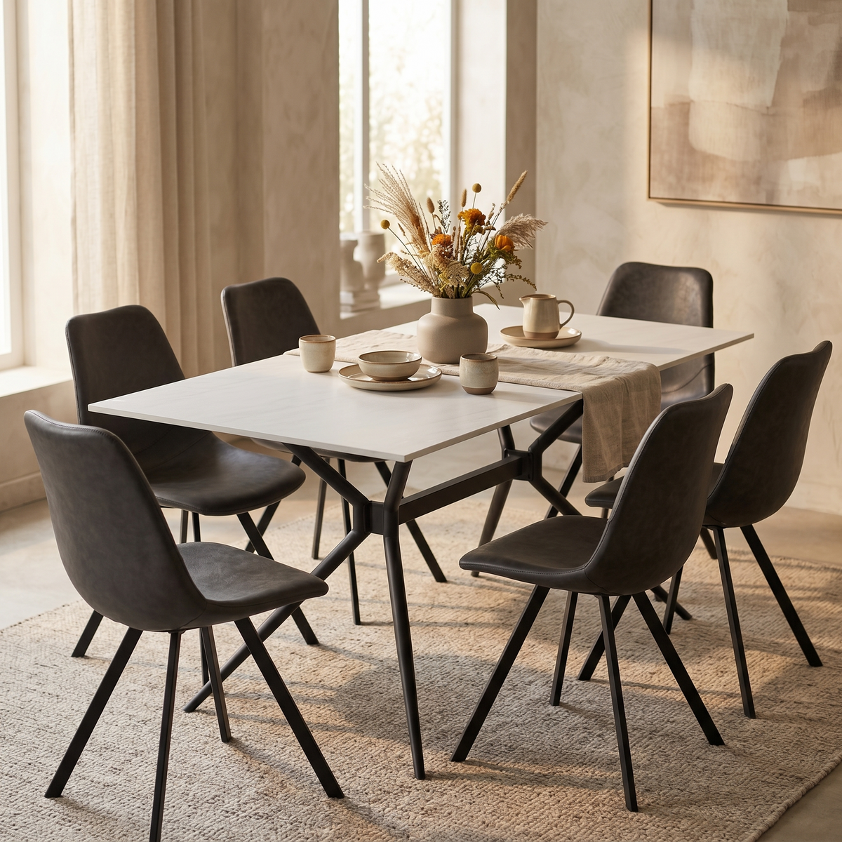 Elega Rectangular Dining Table with Sintered Stone Top and Black Steel Base