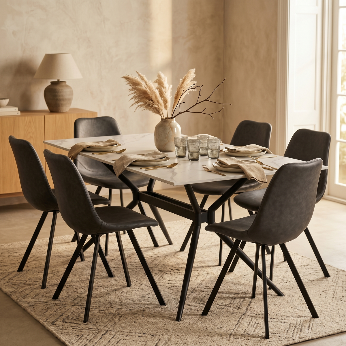 Elega Rectangular Dining Table with Sintered Stone Top and Black Steel Base
